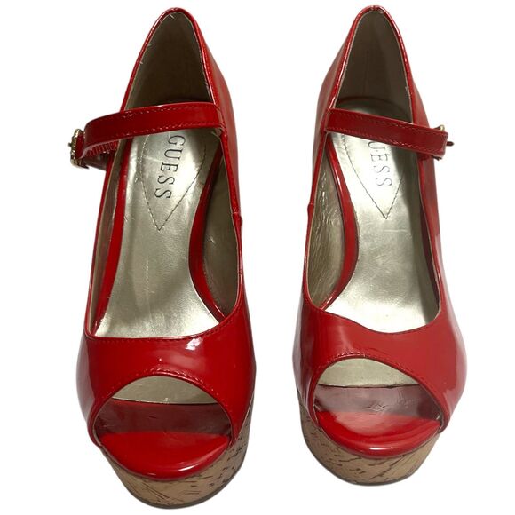Guess Women's Size 6.5 Red Cork Wedge Open Toe Heels with Buckle Strap READ - Picture 2 of 13